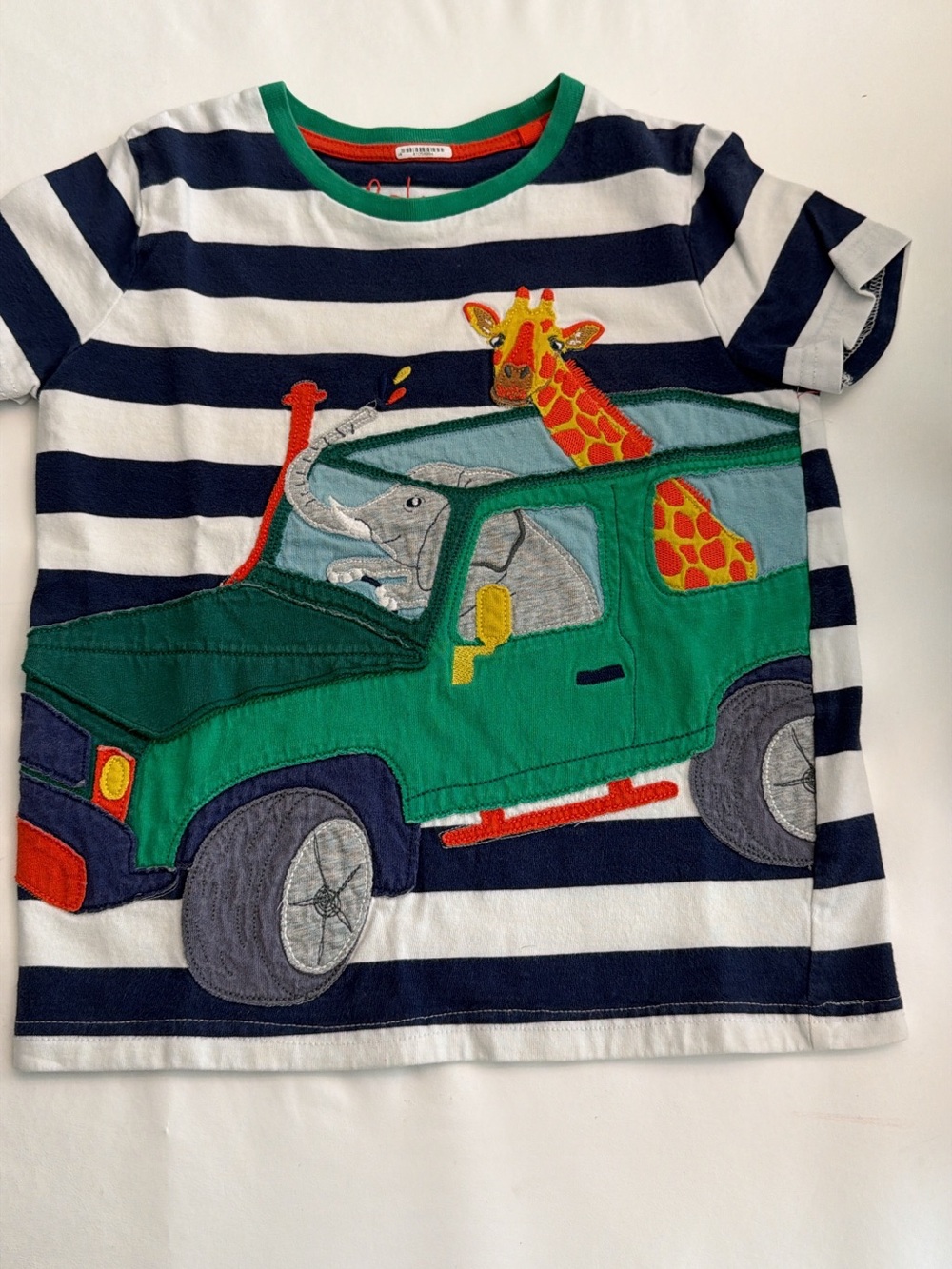 Mini Boden Navy & White Striped Tee with Green Jeep and Colorful Animal Appliqué